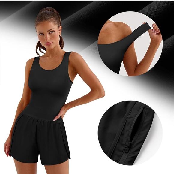 Athletic Tank Tops Built in Bra Jumpsuits Onesie Gym Shorts Rompers Zip Pockets - Picture 5 of 6